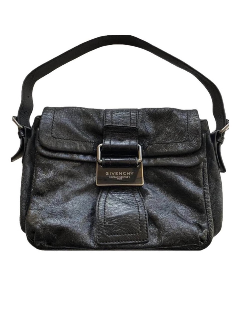 Vintage Givenchy Black Leather Shoulder Bag with Silver Logo Plate
